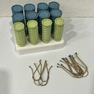 VTG Conair Travel Hot Rollers Set Case Clips 12 Rollers Blue Green